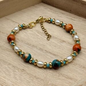Glass bead and Freshwater Pearl 6.5” Bracelet